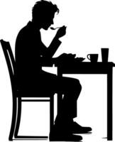 Silhouette of man eating at table with cup and spoon vector