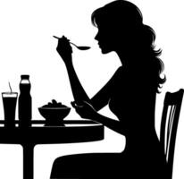 Silhouette of a woman eating breakfast at a table vector
