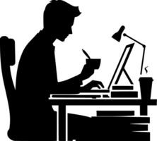 Silhouette of a man working on his computer vector