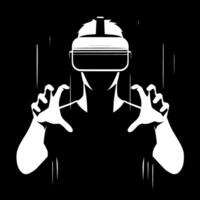 A man wearing a vr headset with his hands up vector
