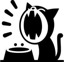 A black and white cat with its mouth open and its food bowl vector