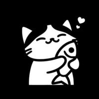 A cat holding a fish sticker on a black background vector