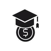 A mortarboard rests atop a dollar coin, representing the financial aspects of education and tuition fees. This icon graphic symbolizes the costs associated with college, university, vector