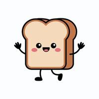 Cute kawaii toast bread character with happy face, blushing cheeks, arms and legs, adorable cartoon breakfast illustration on white background design. vector