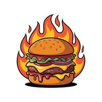 Hot Spicy Cheeseburger with Flames Cartoon Illustration, Juicy Beef Burger with Lettuce, Cheese, Onion, and Sauce Isolated on White Background vector
