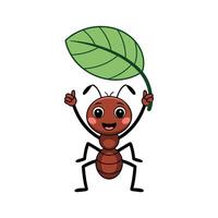 Cute Cartoon Ant Holding Green Leaf and Smiling, Funny Insect Character Illustration for Kids Education, Nature Themes, and Children Learning Materials. vector