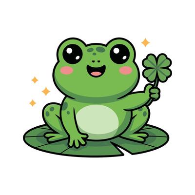 Cute Cartoon Frog Holding Lucky Four Leaf Clover Sitting on Lily Pad, Kawaii Style Animal Illustration with Sparkles for Good Luck Theme.
