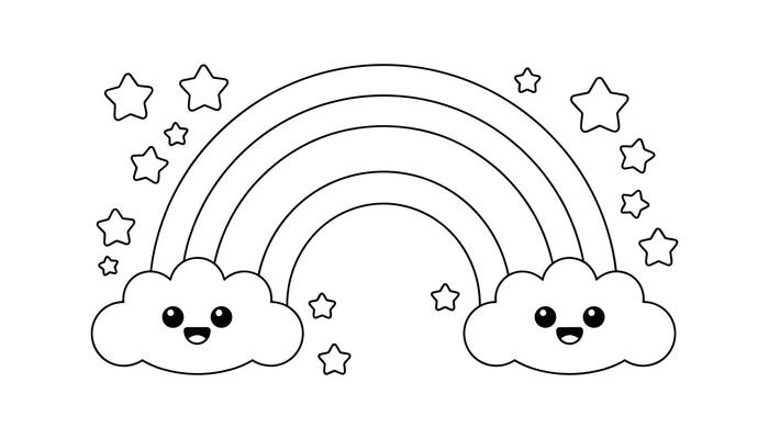 Cute Cartoon Rainbow with Smiling Clouds and Stars, Black and White Outline Illustration for Kids Coloring Book, Education, Weather, and Fun Activities