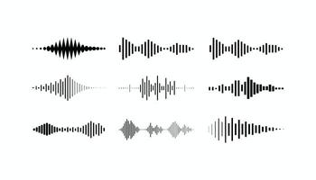 Set of black audio waveforms and sound wave icons in modern minimal style, isolated on white background for music, podcast, and tech designs. vector