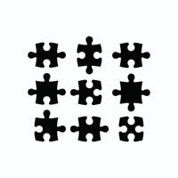 Set of black puzzle piece icons in various shapes, isolated on white background, perfect for strategy, teamwork, solution, and connection design concepts. vector