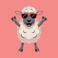 Cool cartoon sheep wearing red sunglasses, smiling and raising hands happily on pink background, fun farm animal illustration for kids and merchandise vector