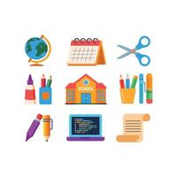 Set of Flat School Education Icons with Supplies, Tools, Globe, Calendar, Laptop, Stationery, Scissors, and Building on White Background vector