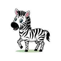 Cute Cartoon Zebra with Big Blue Eyes and Happy Smile Standing on Grass, Black and White Stripes, Isolated on White Background vector