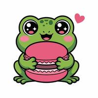 Adorable Kawaii Frog Hugging a Pink Macaron with Sparkling Eyes and Heart Symbol, Cute Cartoon Animal Illustration for Sweet Love and Dessert Themes vector