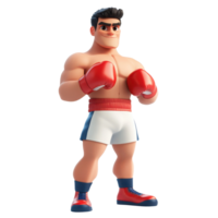 3d render of a strong and muscular cartoon boxer wearing red boxing gloves and shorts, standing confidently, ready for a match, exuding strength and determination png