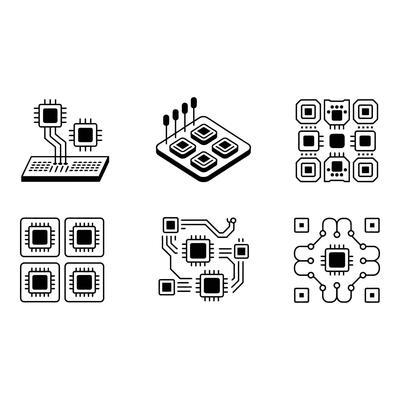 Modern Microchip Technology Isometric Black and White Line Art Illustrations of Integrated Circuits and Processors