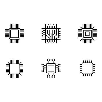 Microprocessor Icons Six Minimalist Line Art Designs Technology Digital Simple Clean Style vector