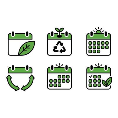 Green Calendar Icons Eco Friendly Recycling Sustainability and Renewable Energy Scheduling Concepts