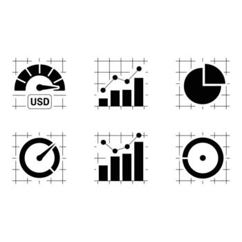Modern Black and White Financial Data Icons USD Gauges Bar Charts and Pie Charts Illustrating Growth and Performance Metrics vector