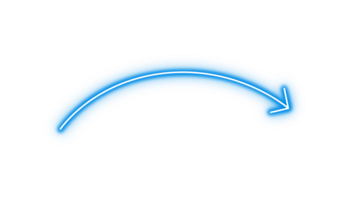 Bright blue teal neon light parabolic curve arrow pointing rignt with glowing effect on transparent background for stylish modern digital art and creative bold graphic design png