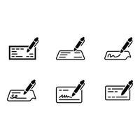 Six Black and White Check Icons Pen Signing Blank and Filled Checks Payment Finance Banking Business vector