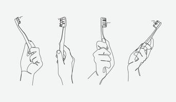 Set continuous one line drawing of hands holding toothbrush. Editable line illustration. vector