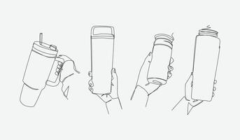 Set continuous one line drawing of hands holding different tumbler. Editable line illustration. vector