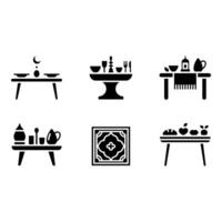 Set of Six Minimalist Black Tabletop Icons Elegant Flatware Moroccan Decor Ramadan Feast Simple Food Still Life vector