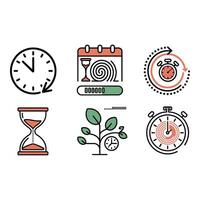 Time Management Icons Clock Hourglass Stopwatch Progress Bar Growth Concept Minimalist Line Art Style Flat Design Coral and Green Palette vector