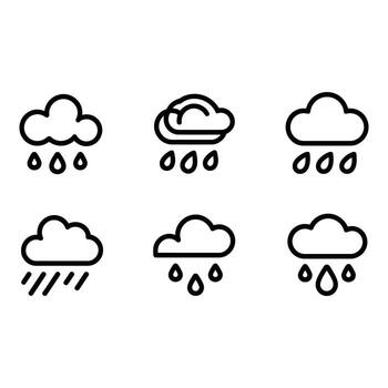 Six Simple Line Icons Clouds with Rain Drizzle and Downpour Weather App UI Elements vector