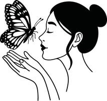 Elegant Woman Gently Approaching a Monarch Butterfly Design, Representing Nature Beauty and Graceful Feminine Art vector