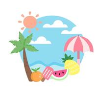 Tropical Summer Beach Illustration with Fruits, Palm Tree, and Sun vector