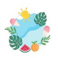 Tropical Summer Beach Illustration with Monstera, Ice Cream, and Fruits vector