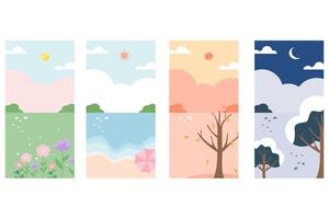Four Flat Design Landscape of Four Seasons with Spring, Summer, Autumn, and Winter Illustration vector