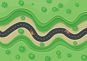 Top view of an asphalt winding two lane road passing through green fields vector