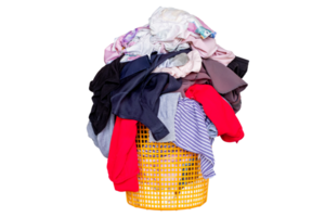 Overflowing laundry basket filled with colorful clothes and fabric. Concept of household chores, laundry day, messy home, or cleaning routine. Isolated on transparent background png