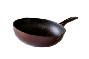 Red frying pan with a non stick teflon coating isolated on transparent background. Ideal for kitchenware ads, cookware catalogs, product packaging, and cooking related designs, File png