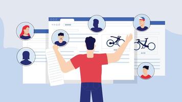 Man Interacting with Online Profiles and E-commerce Website vector