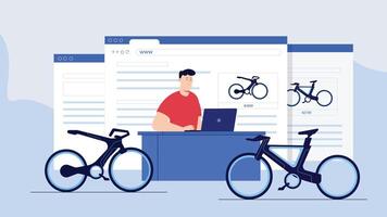 Man Browsing Bikes on Laptop with Digital Storefront vector