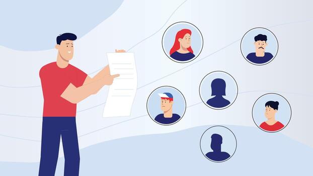 Man Reviewing a List of User Profiles and Avatars vector