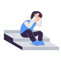 Depressed man sitting on stairs holding his head looking worried and scared. Side view, concept of mental stress on the way to success vector