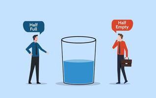 Half full and half empty, person's perspective or attitude describes optimism and pessimism. Positive or negative outlook vector