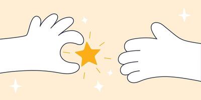 Illustrated Hands Sharing A Star Against A Light Background with Sparkling Accents. Flat Illustration. vector