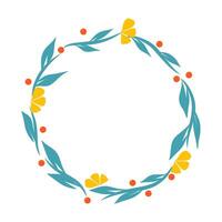 Colorful round floral frame with branches and flowers for invitationc acrd, label, graphic illustration vector