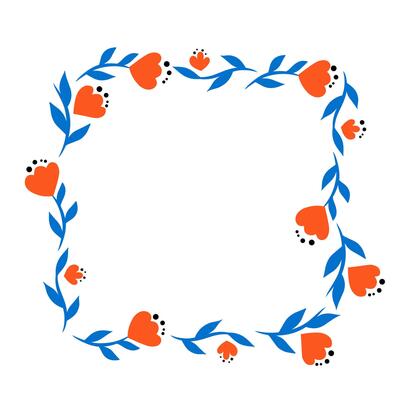 Colorful square floral frame with branches and flowers for invitationc acrd, label, graphic illustration