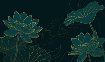 Horizontal Chinese style linear lotus illustration with auspicious cloud background vector