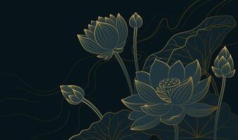 Horizontal Chinese style linear lotus illustration with line background vector