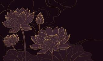 Horizontal version of Chinese style linear lotus illustration with auspicious cloud background vector