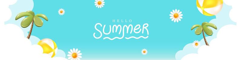 Cute summer header banner with blue sky background palm trees beach balls and white flowers in fun 3D cartoon style for kids theme or seasonal promotion vector