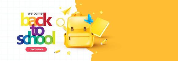 Bright back to school banner with yellow background backpack school items and copy space for promotional or educational use vector